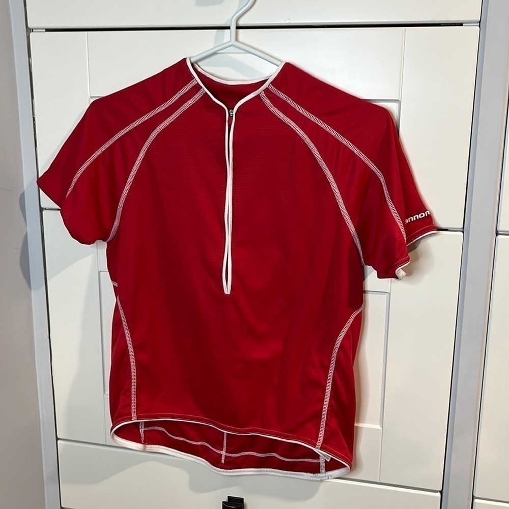 Cannondale. Activewear top. 1/4 zipper. Red and white.  Size Small. Stretch.